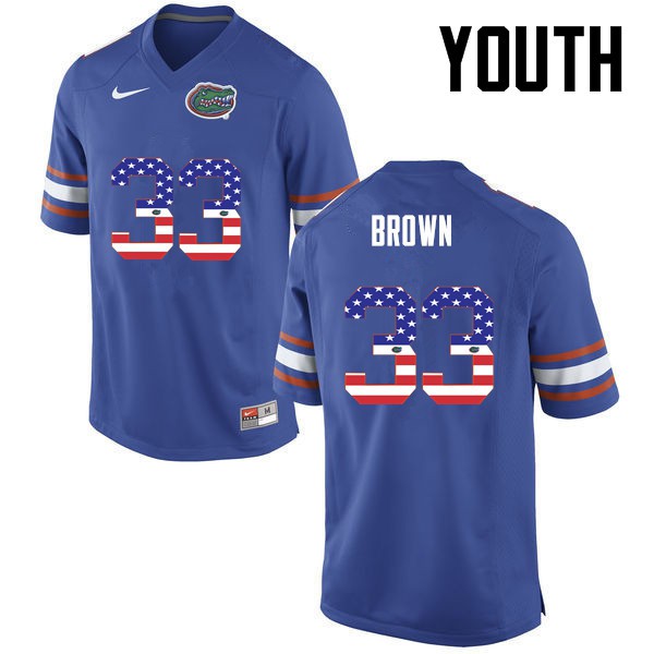 Florida Gators Youth #33 Mack Brown College Football Jersey USA Flag Fashion Blue